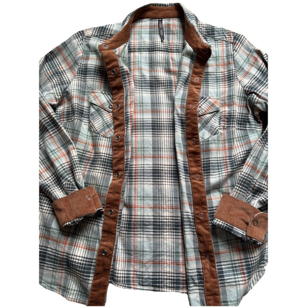 KUHL Tess Corduroy Trim Medium Flannel Shirt Womens Small Snap Front Green Plaid - Picture 2 of 7